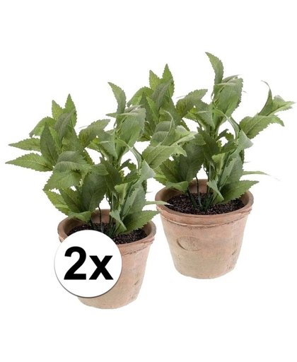 2x Kunstplant munt kruiden groen in pot 25 cm