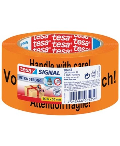 Tesa signalisatietape formaat 50 mm x 66 m oranje met opschrift handle with care