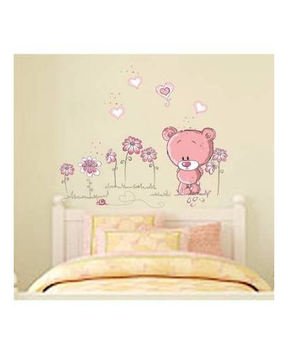 Vrolijke premium prachtige muursticker beer met bloemen teddybeer-