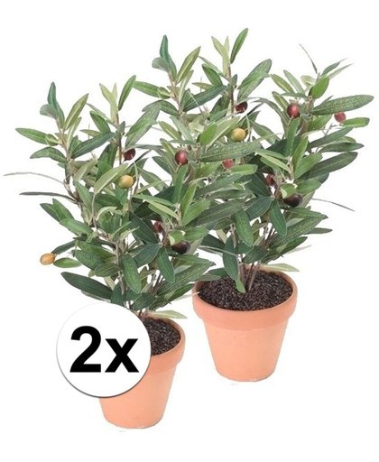 2x Kunstplant olijfboomje groen in pot 35 cm- Kamerplant groen olijfboom
