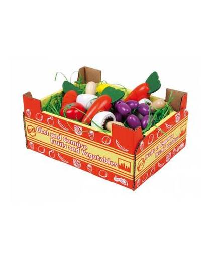 Speelgoed kist met groente van hout
