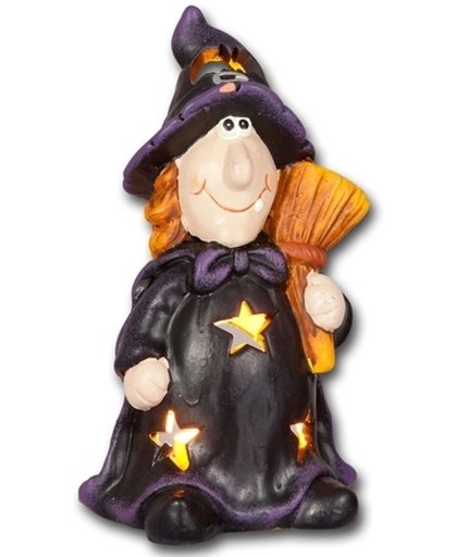 Halloween Waxinelichthouder heks met bezem 17,5cm - Halloween decoratie