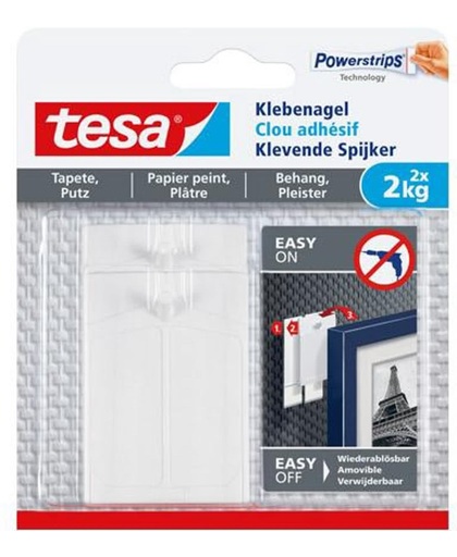 Tesa - 77776 - klevende spijker voor behang en pleister - tot 1kg - 20mm groot - Wit - 2 stuks