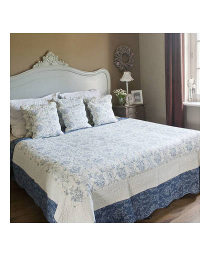 Clayre & eef bedsprei 230x260 - wit, blauw - katoen, polyester, 100% polyester, vulling 50% katoen / 50% polyester