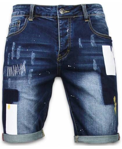 Enos Korte Broeken Heren - Slim Fit Rectangle Painted Shorts - Blauw - 28