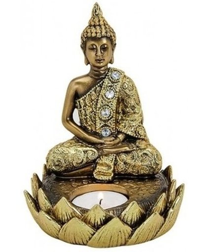 Boeddha beeld goud met theelichthouder 15 cm