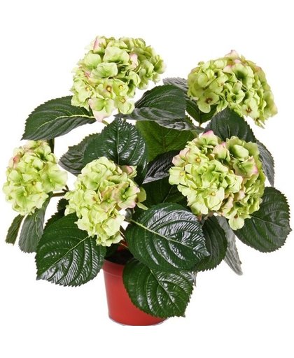 Kunst hortensia plant groen/roze 36 cm - kunstplant