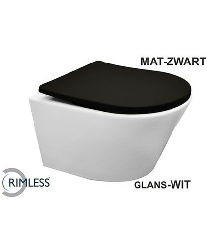 Toiletpot Hangend Wiesbaden Vesta Junior 47 cm Diepspoel Wandcloset Rimless Wit Met Mat Zwart Shade Zitting