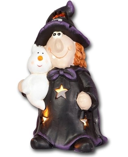 Halloween Waxinelichthouder heks met kat 17,5cm - Halloween decoratie