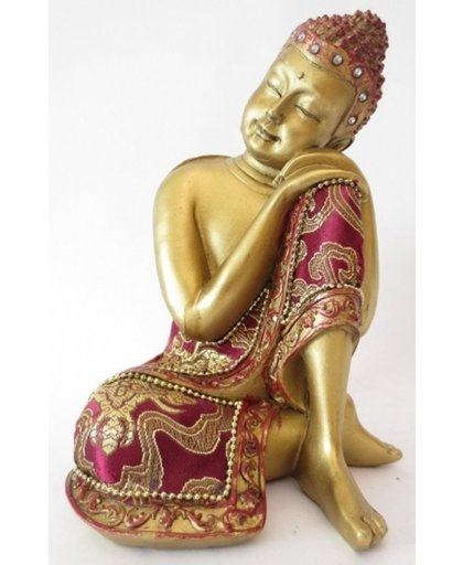 Beeldje slapende Boeddha rood/goud 19 cm