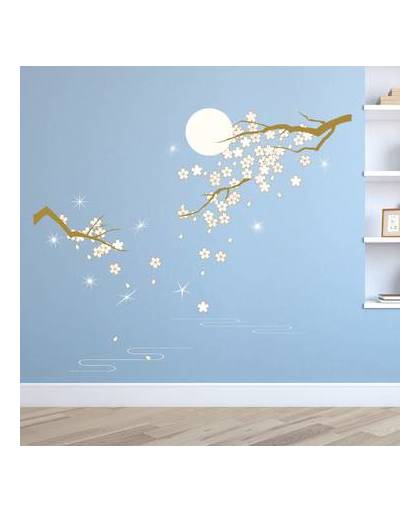 Walplus home decoratie sticker - lichtroze bloesem in maanlicht met 9 swarovski kristallen