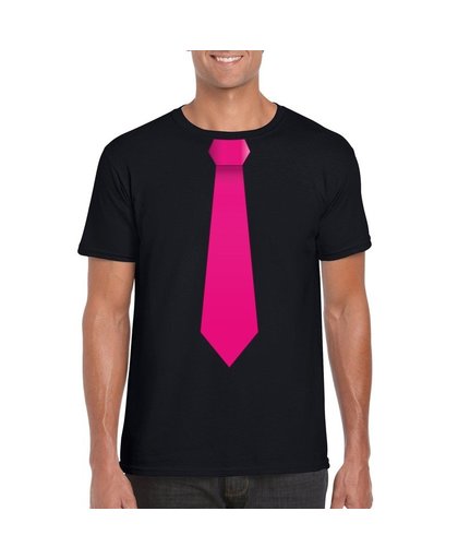 Zwart t-shirt met roze stropdas heren M Zwart