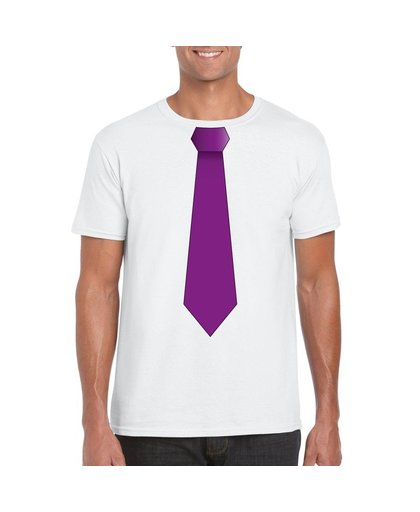 Wit t-shirt met paarse stropdas heren S Wit