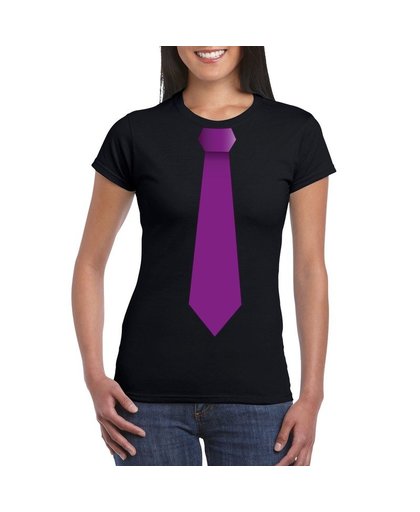 Zwart t-shirt met paarse stropdas dames S Zwart