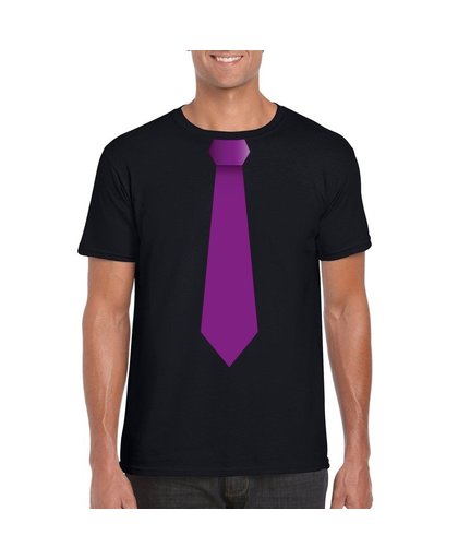 Zwart t-shirt met paarse stropdas heren S Zwart