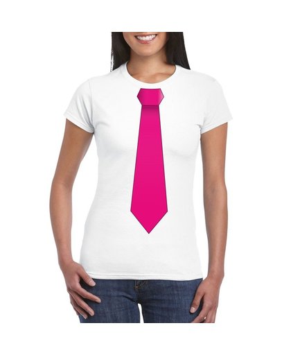 Wit t-shirt met roze stropdas dames M Wit