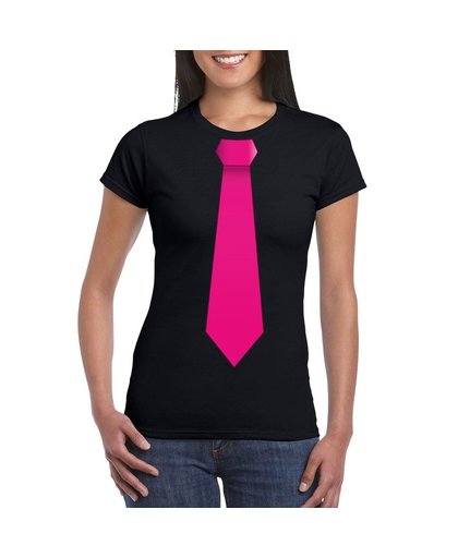Zwart t-shirt met roze stropdas dames M Zwart