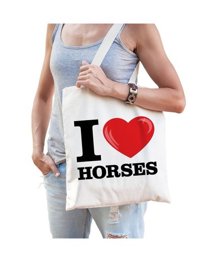 Katoenen tasje I love horses/ paarden Beige