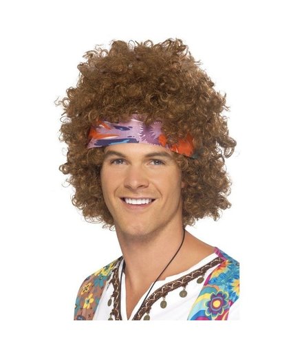 Bruine hippie pruik met haarband voor heren Bruin