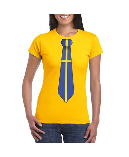 Geel t-shirt met Zweden vlag stropdas dames L Geel