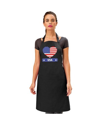 Amerika hart vlag barbecueschort/ keukenschort zwart Zwart