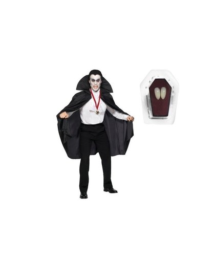 Dracula cape zwart inclusief hoektanden voor volwassen One size Zwart