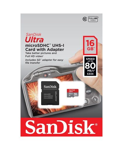 Sandisk - MicroSDHC Ultra Memorycard 16GB 80MB/s UHS-I Adapt