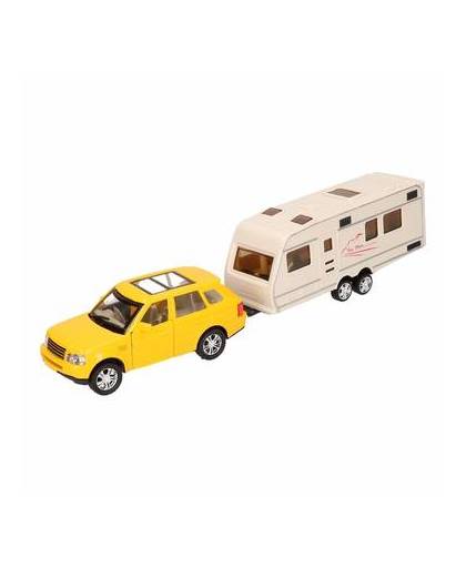 Speelgoed gele land rover auto met caravan 1:48