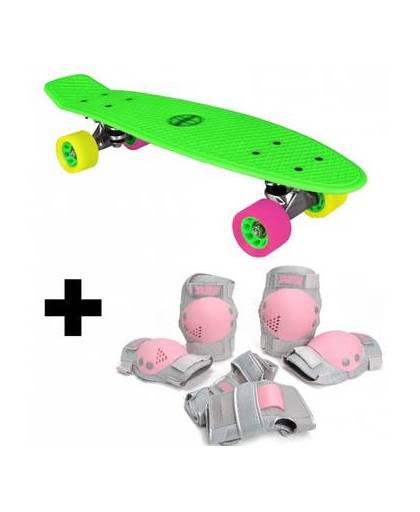 Nijdam mini skateboard lime groen + beschermset 3-delig