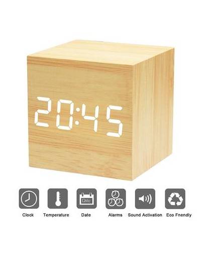 Rrj design wekker met houtlook 'cube'