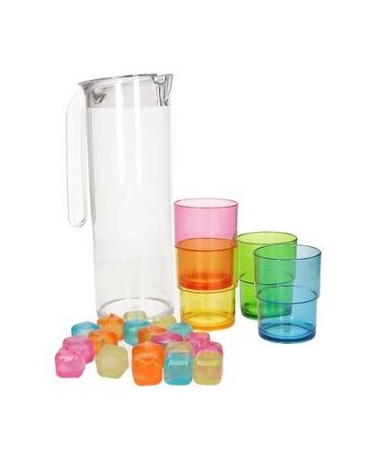 Plastic waterkan met 4 bekers en ijsblokjes - limonadekan met bekers en ijsklontjes