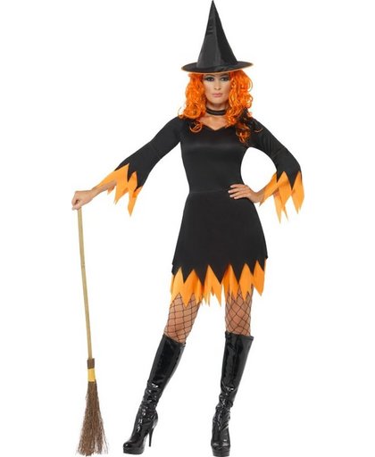 Oranje en zwarte Halloween Heksen Kostuum voor dames - Verkleedkleding - Medium