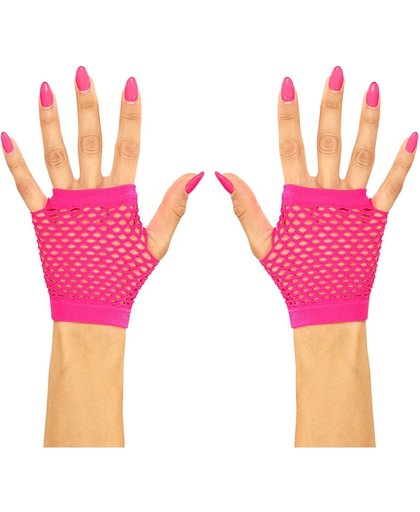 Korte roze netstof handschoenen voor volwassenen - Verkleedattribuut