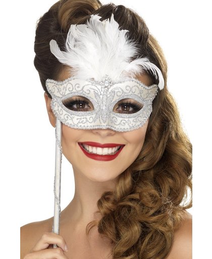 Venetiaans masker met witte veren voor volwassenen - Verkleedmasker