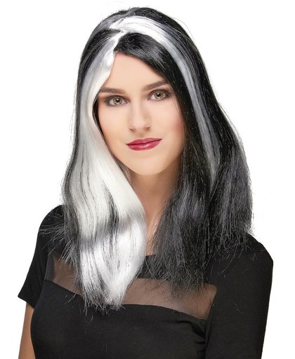 Lange zwart-wit pruik voor vrouwen Halloween - Verkleedpruik