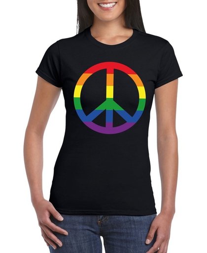 Gay pride regenboog peace teken shirt zwart dames  - LGBT/ Lesbische shirts XL