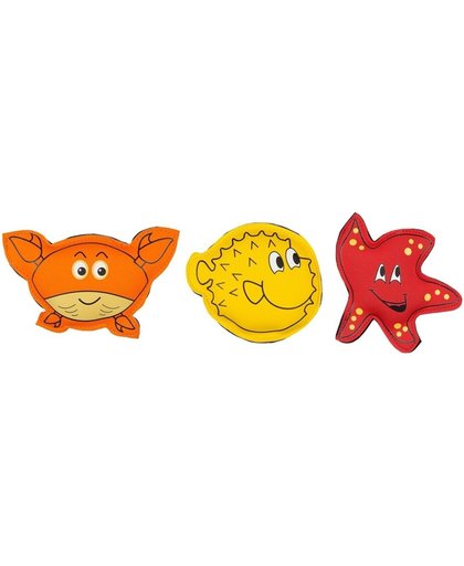 3x gekleurde duikspeelgoed figuurtjes - zeester / krab / kogelvis - opduikspeelgoed