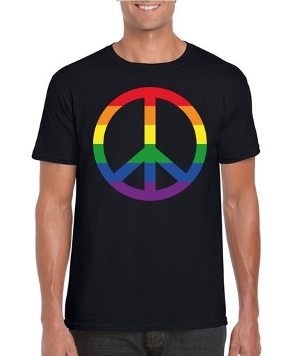 Gay pride regenboog peace teken shirt zwart heren  - LGBT/ Homo shirts L