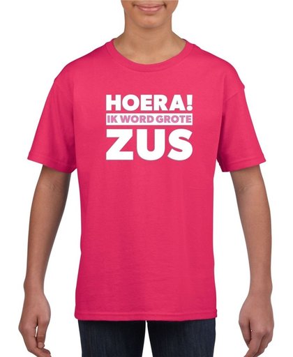 Roze Hoera ik word grote zus t-shirt voor meisjes L (146-152)