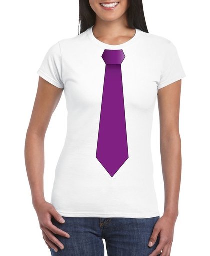 Wit t-shirt met paarse stropdas dames XL