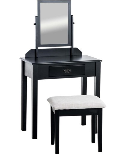 Clp Make-up tafel LEONOR, Kaptafel, opmaak tafel, cosmetica & visagie tafel, met kantelbare spiegel en krukje Spiegeltafel met lade, cosmetische tafel met spiegel en krukje - zwart,