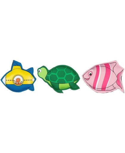 3x gekleurde duikspeelgoed figuurtjes - duikboot / schildpad / vis - opduikspeelgoed