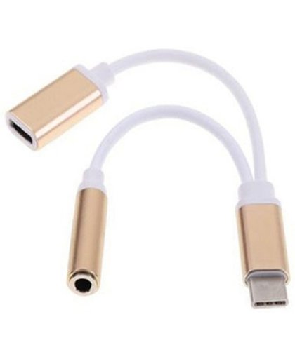 USB-C splitter | Male USB-C naar Female USB-C + 3.5mm  jack Female, oortjes of headset en lader tegelijk aansluiten voor Huawei P20 Pro, wit , merk i12Cover