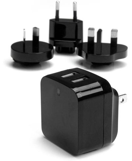 StarTech.com 2-poorts USB-lader hoog vermogen (17 W / 3,4 A) reislader (internationaal) zwart oplader voor mobiele apparatuur