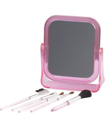 Roze make-up kwastjes met spiegel - Make-up accessoire set roze