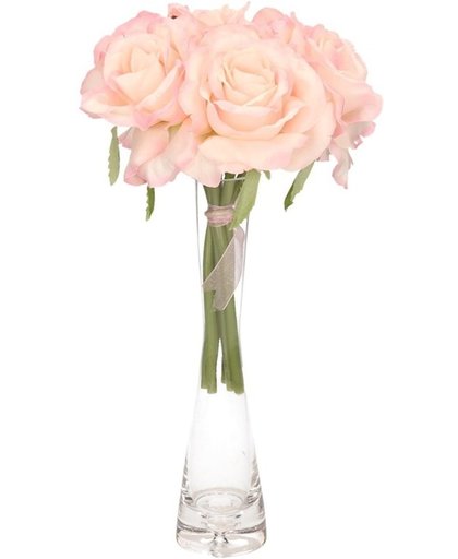 Luxe boeket roze rozen in smalle vaas 20 cm
