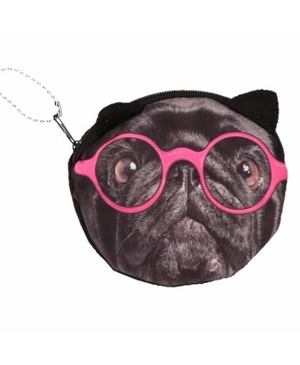 Portemonnee zwarte mopshond roze bril 10 x 11 cm Zwart