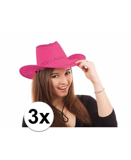 3x Voordelige roze Toppers cowboy hoeden met stiksels Roze