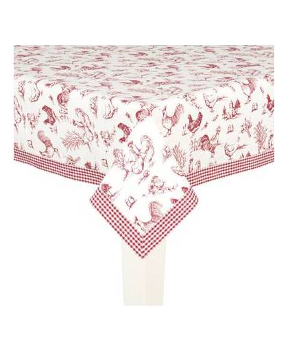 Mooi landelijk tafelkleed met kippen motief afgewerkt met een leuk ruitjes patroon - 130 x 180 cm - rood