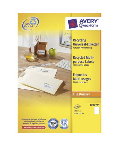 Avery Etiket Avery LR3478 210x297mm A4 recycled wit 100stuks